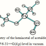 Figure 2: The optimized geometry of the hemiacetal of acetaldehyde (compound II, Figure 1) computed at B3LYP/6-31++G(d,p) level in vacuum.