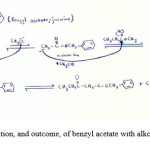 Figure 3: Reaction initiation, and outcome, of benzyl acetate with alkoxide ion during Claisen condensation