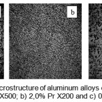 The microstructure of aluminum alloys containing masses. %:a) 0.5% Ce - X500; b) 2,0% Pr X200 and c) 0.05% Nd X500