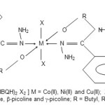 Figure 1:  [M(MHBQH)2 X2 ] M = Co(II), Ni(II) and Cu(II); X = NH3, pyridine/a-picoline, b-picoline and g-picoline; R = Butyl, R' = methyl