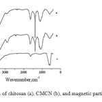 Fig. 2. IR spectra of chitosan (a), CMCN (b), and magnetic particles (Fe3O4) (c).