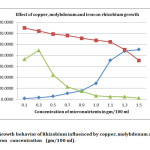 Fig. 2:   Growth behavior of Rhizobium influenced by copper, molybdenum and iron   concentration	(gm/100 ml).