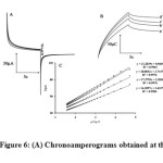 Figure 6: (A) Chronoamperograms obtained at the PGRMWCNTPE in the absence (a) and in the presence of (b) 350, (b) 450 and (d) 500 μmol L−1 GSH in a buffer solution (pH 7.0). (B) The charge-time curves (a/) for curve (a), (b/) for curve (b), (c/) for curve (c), and (d/) for curve (d). (C) Cottrell’s plot for the data from the chronoamperograms.