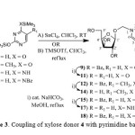 Scheme 3. Coupling of xylose donor 4 with pyrimidine bases 5-8