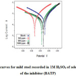 Fig.13 Polarization curves for mild steel recorded in 1M H2SO4 of selected concentrations of the inhibitor (BATP)