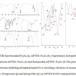 Fig.3  FTIR Spectra naked Fe3O4 (a), APTES- Fe3O4 (b), Naproxen(c), Ketoprofen (d), Naproxen-APTES- Fe3O4 (e) and Ketoprofen-APTES- Fe3O4 (f).The part of FTIR spectrum exhibiting absorption band of c=c stretching vibration of aromatic group of naproxen (g) and ketoprofen (h) on APTES-Fe3O4 nanoparticles
