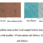 Fig7: Discoloration of methylblue stain on the wool sample before irradiation and after 24 and 48h UV irradiation for a) dyeing with madder / 9%zirconium salt fabrics, b)mordanted of 9%zirconium salt fabrics