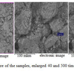 Figure 2. Microstructure of the samples, enlarged 40 and 500 times (spectra 2 and 3).