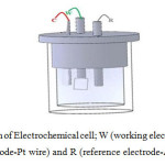 Fig 1: Schematic diagram of Electrochemical cell; W (working electrode-Zn foil), C (counter electrode-Pt wire) and R (reference electrode-Ag/AgCl)