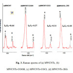 Fig. 3. Raman spectra of (a) MWCNTs, (b) MWCNTs-COOH, (c) MWCNTs-COCl, (d) MWCNTs-2EG.