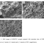 Figure 3. SEM images of ENR/PVC aerogels prepared with sonication time of ENR/PVC solution in a) 1 minute, b) 3 minutes and c) 5 minutes at 2000× magnification.