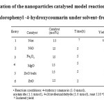 Table 1. Optimization of the nanoparticles catalysed model reaction for synthesis of   3-acetamido-4-chlorophenyl -4-hydroxycoumarin under solvent-free condition a