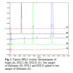 Fig. 1. Typical HPLC overlay chromatogram of blank (A), DTZ-I (B), DTZ-II (C), Test sample of Diltiazem (D), DTZ-I and DTZ-II spiked to test sample of Diltiazem (E).
