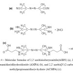 Picture 4 – Molecular formulas of 2,2′-azobisisobutyronitrile(AIBN) (a), 2,2'-azobis(2-methylpropionamidine)dihydrochloride (AMPA) (b), and 2,2′-azobis[N-(2-carboxyethyl)-2-methylpropionamidine)n-hydrate (ACMPA) (c).