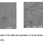 Figure 10: SEM micrograph of the mild steel specimen (a) in the absence & (b) in the presence of EBAP polymer in 1M H2SO4