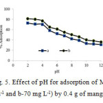 Fig. 5. Effect of pH for adsorption of MG (a-100 mg L-1 and b-70 mg L-1) by 0.4 g of manganese ferrite 