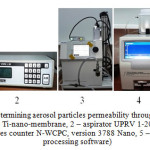 Figure 3 - Equipment for determining aerosol particles permeability through the filtering element (1 – porous base coat or filtering element with Ti-nano-membrane, 2 – aspirator UPRV 1-20, 3 – electrostatic sorting machine, version 3080, 4 – aerosol particles counter N-WCPC, version 3788 Nano, 5 – computer with measurement data processing software)