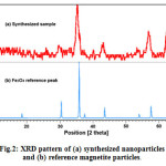 Fig.2: XRD pattern of (a) synthesized nanoparticles and (b) reference magnetite particles. 