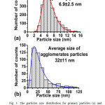 Fig. 3. The particles size distribution for primary particles (a) and agglomerates (b), calculated from the TEM results. Nanoparticles synthesized by electrical erosion of titanium electrodes in air at W=2 J, f=0.5 Hz and v=5.4 m/s.