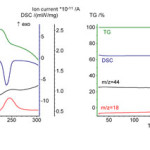 Figure 1: The data of TG/DSC/MS analysis for the powders of(a) GGand(b) GGG. 