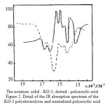 Figure 2: The notation: solid - KO-3; dotted - polyacrylic acid Detail of the IR absorption spectrum of the KO-3 polyelectrolytes and neutralized polyacrylic acid
