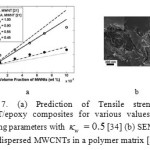 Figure 7. (a) Prediction of Tensile strength of MWCNT/epoxy composites for various values of the debonding parameters with  [34] (b) SEM image of well dispersed MWCNTs in a polymer matrix [34].