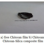 Figure.1.Photo images of a)freeChitosan film b) Chitosan-Carbon composite film c) Chitosan-Silica composite film