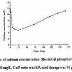Fig.3: The variations of calcium concentration (the initial phosphorus concentration was 60 mg/L, Ca/P ratio was 0.9, seed dosage was 40 g/L, pH value was 9)