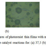 Figure 4. The surface structures of photoresist thin films with mol ratio of formaldehyde and phenol equals to 0,75:1 in the catalyst reactions for: (a) 37,5 (b) 40 and (c) 42,5 minutes.