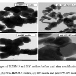 Fig. 3 TEM images of HZSM-5 and HY zeolites before and after modification with NiW: (a) HZSM-5 zeolite, (b) NiW-HZSM-5 zeolite, (c) HY zeolite and (d) NiW-HY zeolite, respectively