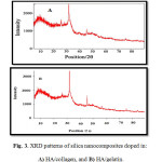 Fig. 3. XRD patterns of silica nanocomposites doped in: A) HA/collagen, and B) HA/gelatin.