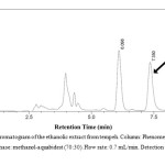 Fig. 2:Representative chromatogram of the ethanolic extract from tempeh. Column: Phenomenex® C18 column, 250 x 4.6 mm. Mobile phase: methanol-aquabidest (70:30). Flow rate: 0.7 mL/min. Detection at 261 nm.