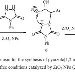 Scheme 2. The proposed mechanism for the synthesis of pyrazolo[1,2-a][1,2,4]triazole-1,3-diones in solvent-free conditions catalyzed by ZrO2 NPs (20%).