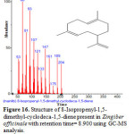 Figure 16. Structure of 8-Isopropenyl-1,5-dimethyl-cyclodeca-1,5-diene present in Zingiber officinale with retention time= 8.900 using GC-MS analysis.