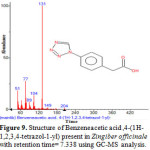 Figure 9. Structure of Benzeneacetic acid ,4-(1H-1,2,3,4-tetrazol-1-yl) present in Zingiber officinale with retention time= 7.338 using GC-MS analysis.