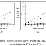 Fig. 13. The second-order kinetic of photocatalytic dye degradation by AZCN at different dye concentrations. (a) BR18 and (b) BV16.