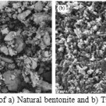Figure 5: SEM images of a) Natural bentonite and b) TiO2-pillared Bentonite