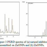 Figure 3: PXRD spectra of (a) natural inhibitor assembled on ZnONPs and (b) ZnONPs.