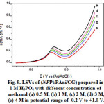 Figure 9: LSVs of (NPPt/PAni/CG) prepared in 1 M H3PO4 with different concentration of methanol (a) 0.5 M, (b) 1 M, (c) 2 M, (d) 3 M, (e) 4 M in potential range of -0.2 V to +1.0 V.