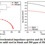 Figure 3: (a) Electrochemical impedance spectra and (b) Tafel polarization curve for mild steel in blank and 500 ppm of JM inhibitor