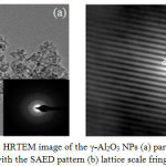 Figure 3: HRTEM image of the γ-Al2O3 NPs (a) particles along with the SAED pattern (b) lattice scale fringes. 