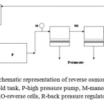Figure 1: Schematic representation of reverse osmosis set-up. H–hold tank, P-high pressure pump, M-manometer, RO-reverse cells, R-back pressure regulator