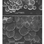 Figure 6: SEM images of drug-loaded copolymer microparticles after 48 h release time prepared from (a) 100/0 DLL/LL, and (b) 75/0/25 DLL/LL/G copolymers (all scale bars = 100 mm).