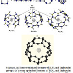 Scheme1: (a) Some optimized isomers of B3N3, and their point groups, (aˊ ) some optimized isomers of B4N4, and their point groups, in both of them, the rings with alternation of B and N are more stable and the arrangements of stability are shown. (b) The sphere region of S-NICS in optimized structures of B12N12, B15N15 and B18N18 Rings .all molecules are optimized with B3LYP/EPR-II level.(C)The sphere region of S-NICS in optimized structures ofSi18O27