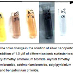 Figure 2: The color change in the solution of silver nanoparticles after the addition of 1.0 µM of different cationic surfactants such as  dodecyltrimethyl ammonium bromide, myristiltrimethyl ammonium bromide, cetrimonium bromide, cetylpyridinium chloride, and benzalkonium chloride.