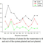 Figure 9: Time evolution of nitrate for the wastewater to the entry and exit of the system planted and not planted.