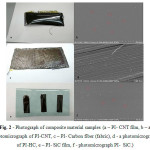 Figure 2: Photograph of composite material samples (a – PI- CNT film, b - a photomicrograph of PI-CNT, c – PI- Carbon fiber (fabric), d - a photomicrograph of PI-HC, e – PI- SiC film, f - photomicrograph PI-  SiC.)