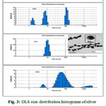 Figure 3: DLS size distribution histograms of silver nanoparticles synthesized at different concentration of NaBH4: (3a) 0.08M, (3b) 0.16M, (3c) 0.24M, (3d) 0.32M and (3e) TEM image of silver nanoparticles prepared at 0.24M NaBH4.