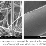 Figure 2: Scanning electron microscopy images of the glass microfiber paper (left) and its single microfiber (right) loaded with 0.11 wt. % SWCNTs.