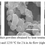 Figure 6: SEM images of product powders obtained by heat treatment at 1250 °C for 5 h (left, center) and 1250 °C for 2 h in Ar flow (right) [19]. 